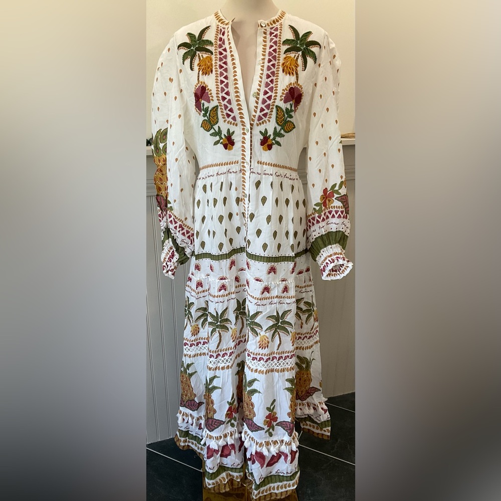 FARM Rio Beaded Tiered Maxi Dress White Cotton Blend Mother of Pearl Buttons